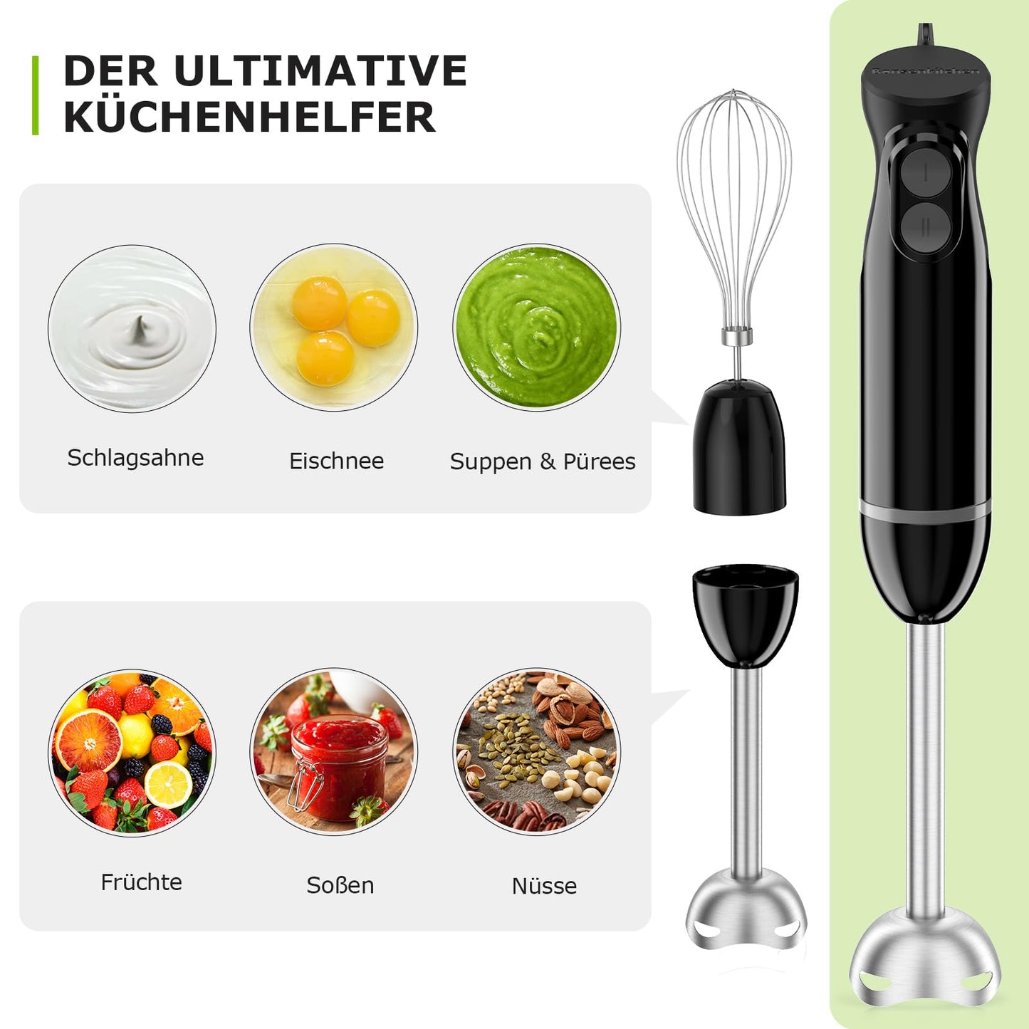 3-in-1 Stabmixer 1000W – Pürierstab mit Becher & Schneebesen, 2 Stufen, Schwarz