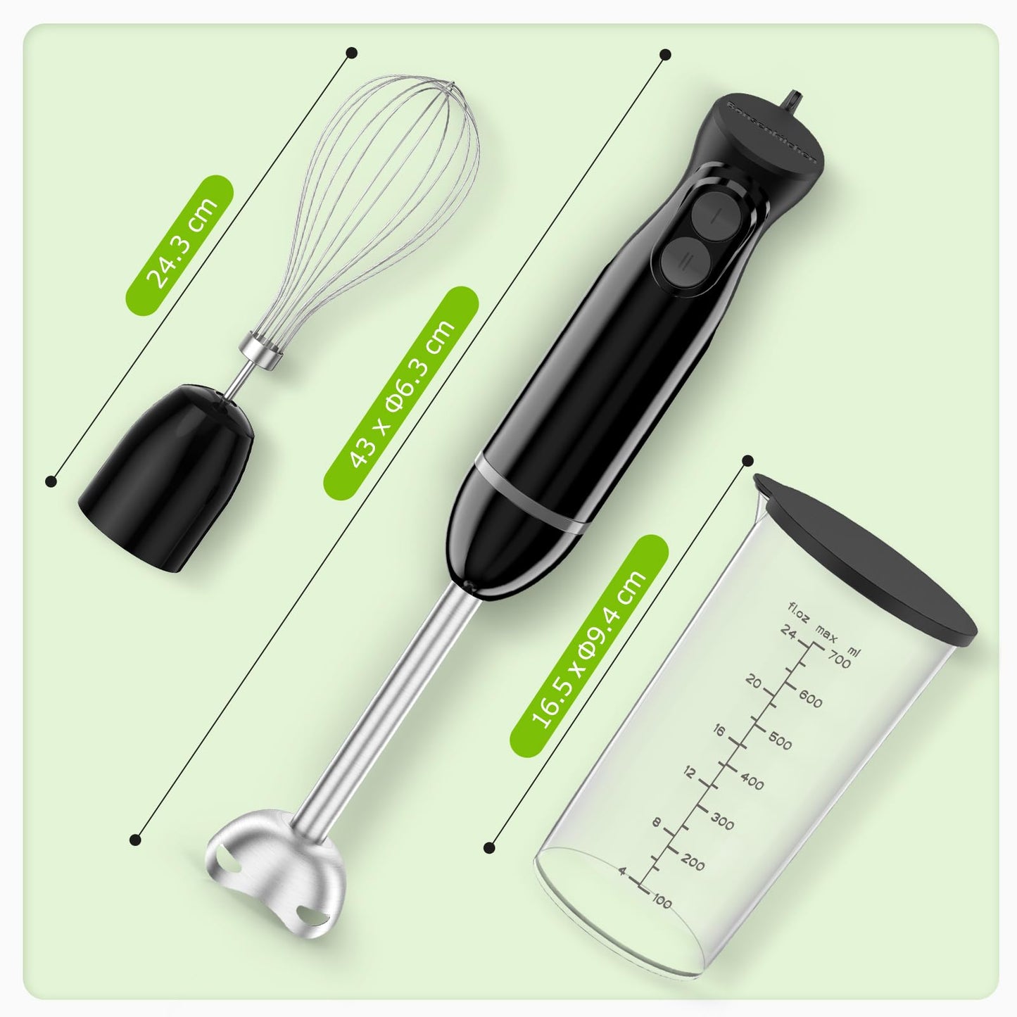 3-in-1 Stabmixer 1000W – Pürierstab mit Becher & Schneebesen, 2 Stufen, Schwarz