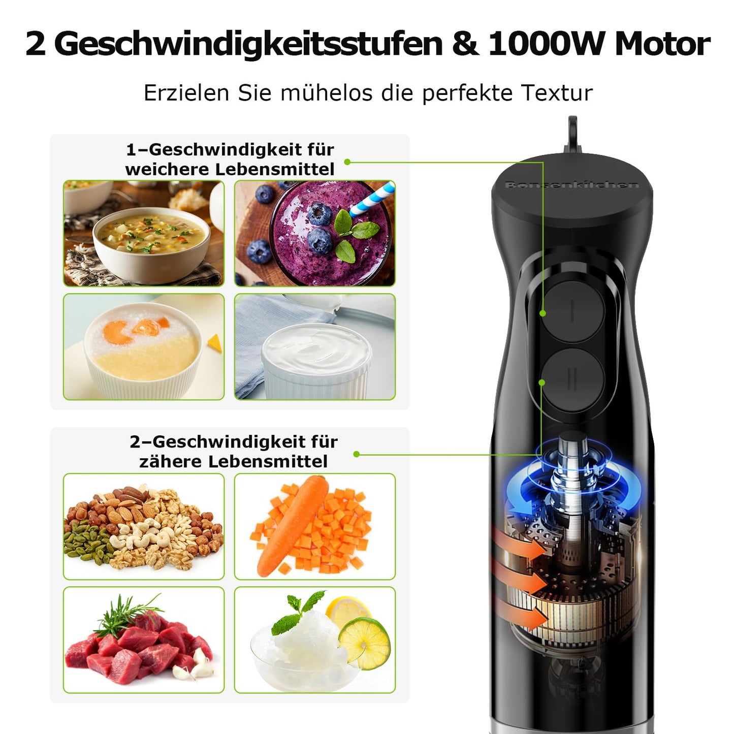 3-in-1 Stabmixer 1000W – Pürierstab mit Becher & Schneebesen, 2 Stufen, Schwarz