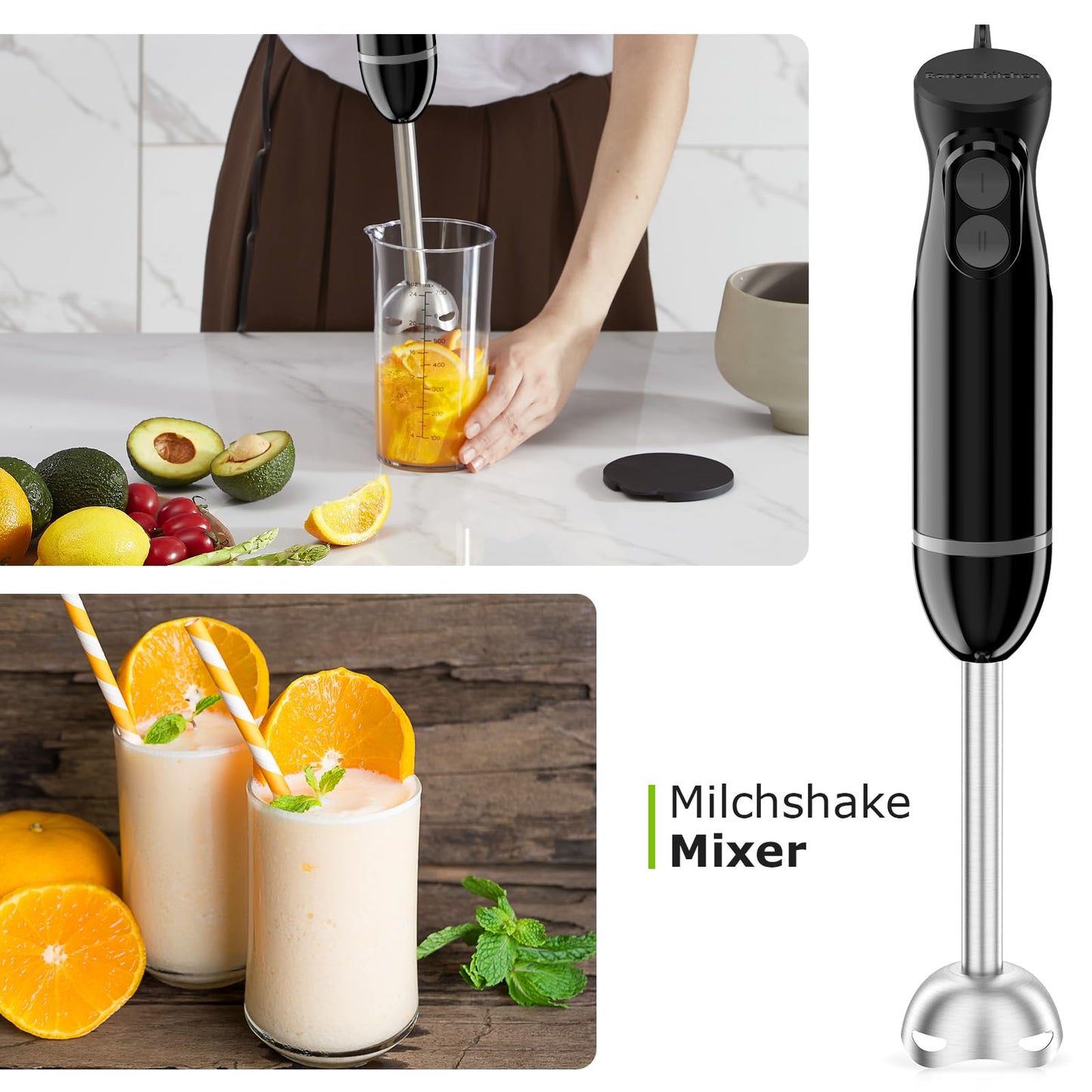 3-in-1 Stabmixer 1000W – Pürierstab mit Becher & Schneebesen, 2 Stufen, Schwarz