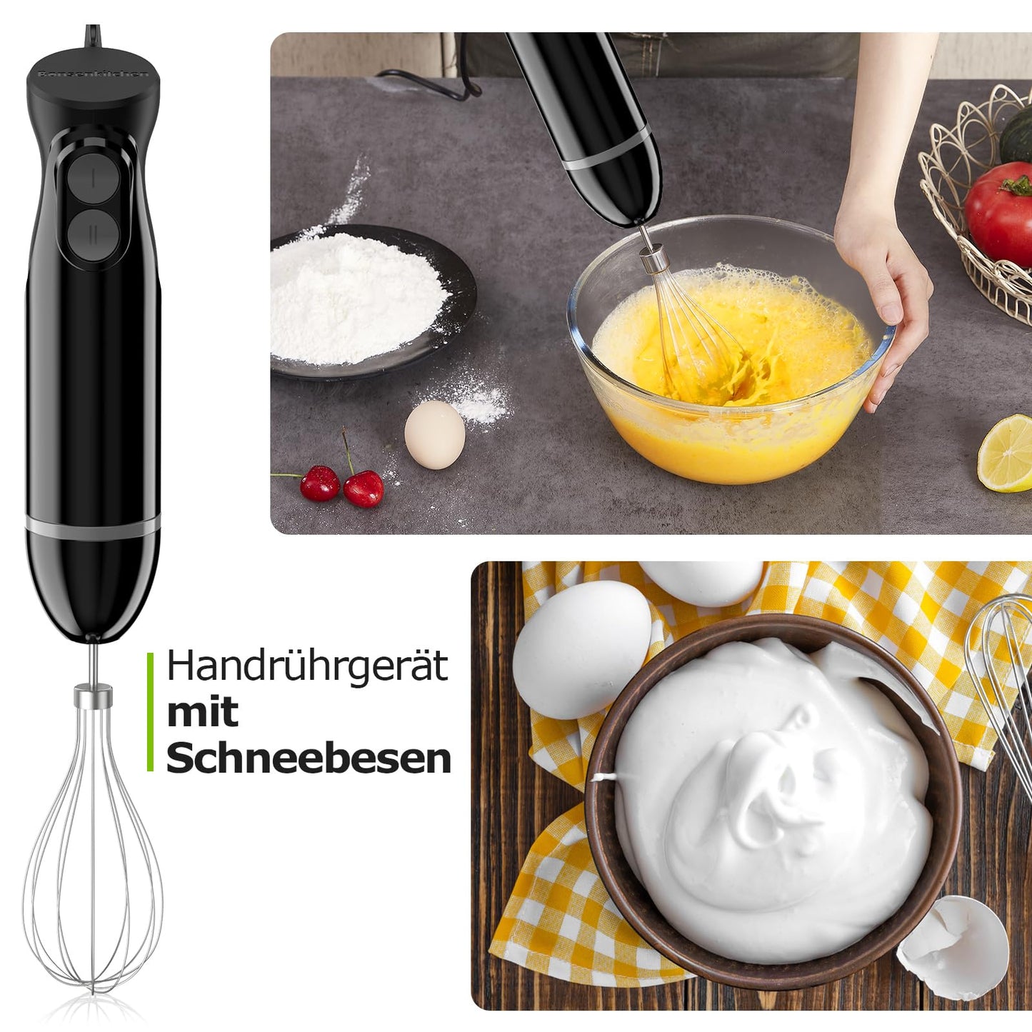 3-in-1 Stabmixer 1000W – Pürierstab mit Becher & Schneebesen, 2 Stufen, Schwarz